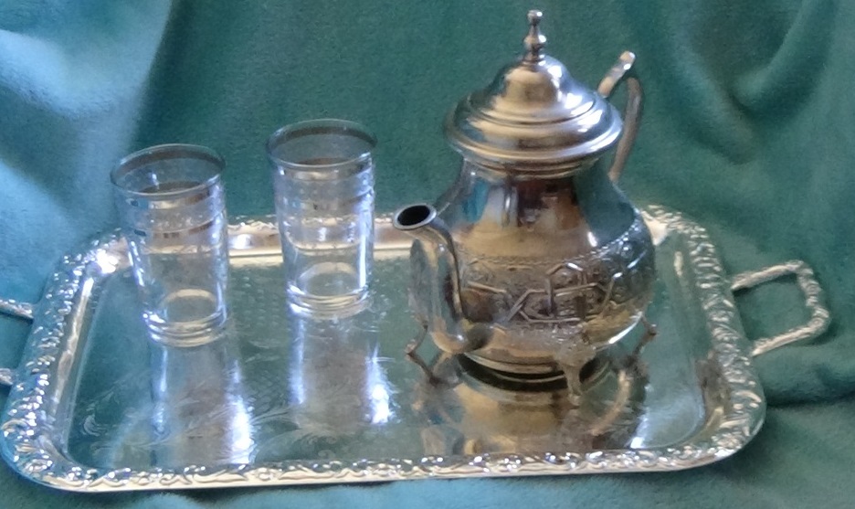 Moroccan  silver teaglasses, tea tray, teapot